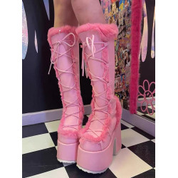 Demonia同款千禧亞文化雪地靴pu皮毛系帶粗跟高筒靴哥特厚底長靴