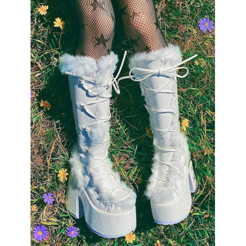 Demonia同款千禧亞文化雪地靴pu皮毛系帶粗跟高筒靴哥特厚底長靴