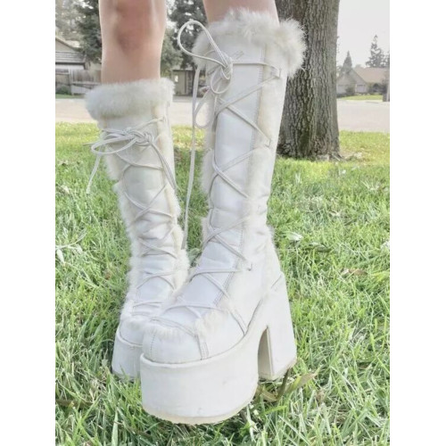 Demonia同款千禧亞文化雪地靴pu皮毛系帶粗跟高筒靴哥特厚底長靴