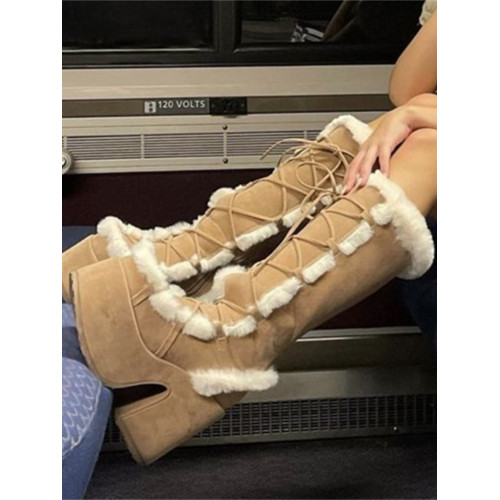 Demonia同款千禧亞文化雪地靴pu皮毛系帶粗跟高筒靴哥特厚底長靴