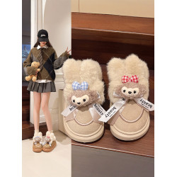 可愛卡通毛絨熊雪地靴女2024冬季新款外穿厚底家居保暖加絨棉鞋潮