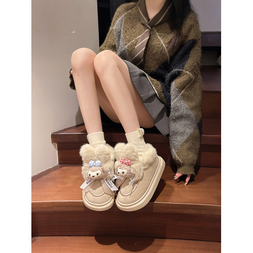可愛卡通毛絨熊雪地靴女2024冬季新款外穿厚底家居保暖加絨棉鞋潮