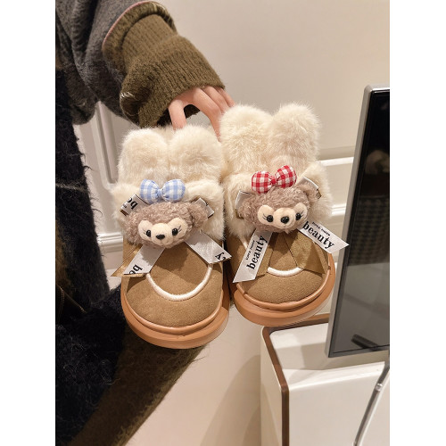 可愛卡通毛絨熊雪地靴女2024冬季新款外穿厚底家居保暖加絨棉鞋潮
