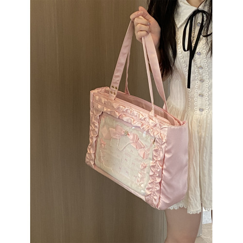 錢一波痛包｜淺粉花邊緞面大食量單肩包二次元甜美芭蕾吧唧大容量