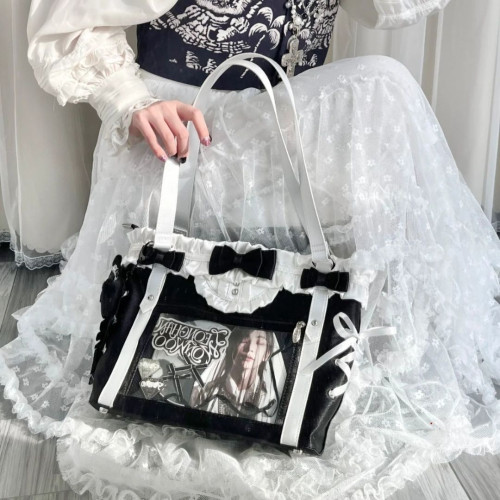 路億添薇二次元痛包絲帶蝴蝶結可愛手提包大容量吧唧透明穀子托特