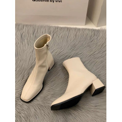 粗跟瘦瘦靴2025新款春秋冬方跟高跟單靴白色小踝靴短靴方頭馬丁靴