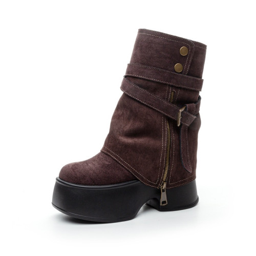 11cm超高跟兩穿褲琯馬丁靴女加絨磨砂秋冬新款厚底松糕內增高短靴