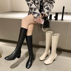 小個子白色長筒靴女不過膝長靴秋冬季加絨粗跟高筒靴中跟騎士靴子