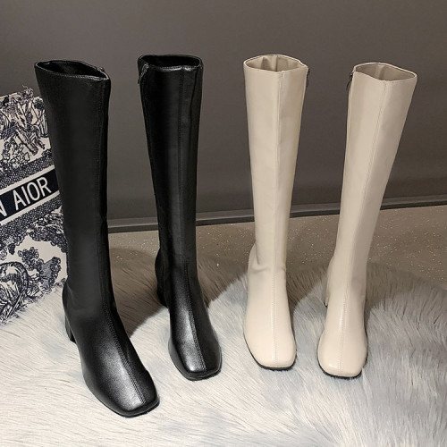 小個子白色長筒靴女不過膝長靴秋冬季加絨粗跟高筒靴中跟騎士靴子