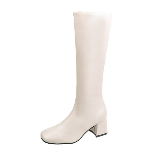 小個子白色長筒靴女不過膝長靴秋冬季加絨粗跟高筒靴中跟騎士靴子