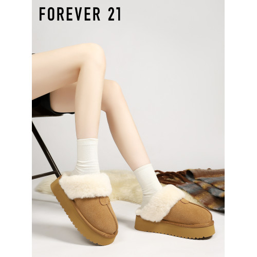 F21牛皮雪地靴女2025新冬款厚底增高加絨真皮保暖防滑毛毛棉拖鞋