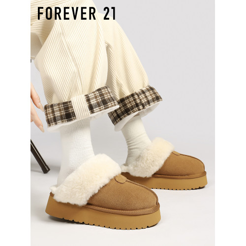 F21牛皮雪地靴女2025新冬款厚底增高加絨真皮保暖防滑毛毛棉拖鞋