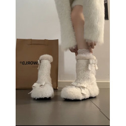時尚氣質白色蝴蝶結毛毛短靴2025年新款女加絨保暖舒適百搭雪地靴