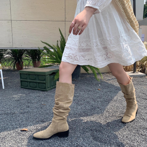 愛格琳法式長筒靴瘦瘦秋冬高跟皺褶尖頭絨面西部靴2025新款堆堆靴