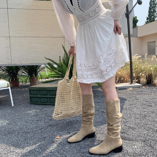 愛格琳法式長筒靴瘦瘦秋冬高跟皺褶尖頭絨面西部靴2025新款堆堆靴