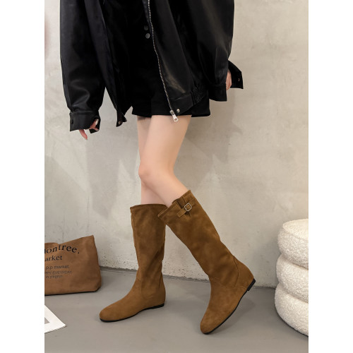 復古堆堆長筒靴女秋冬新款內增高不過膝高筒騎士靴平底西部牛仔靴