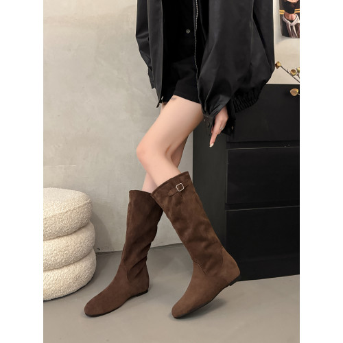 復古堆堆長筒靴女秋冬新款內增高不過膝高筒騎士靴平底西部牛仔靴