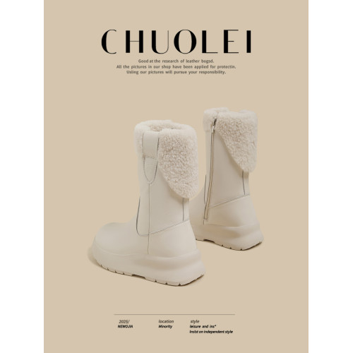 頭層牛皮百搭冬季新款厚底加絨短筒棉鞋女白色防滑保暖時尚雪地靴