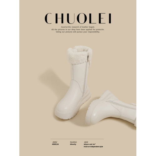 頭層牛皮百搭冬季新款厚底加絨短筒棉鞋女白色防滑保暖時尚雪地靴