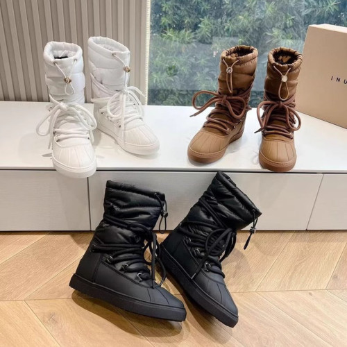 羊毛版~新款一腳蹬圓頭綁帶羽絨雪地靴女防水保暖羊毛中筒棉靴女