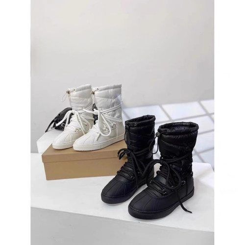 羊毛版~新款一腳蹬圓頭綁帶羽絨雪地靴女防水保暖羊毛中筒棉靴女