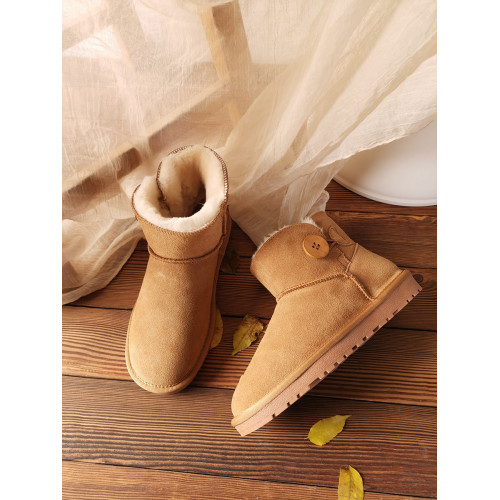 雪地靴女款大碼真牛皮一粒釦加厚絨保暖東北棉鞋防水短筒34碼41碼