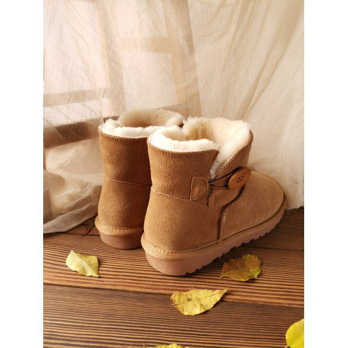 雪地靴女款大碼真牛皮一粒釦加厚絨保暖東北棉鞋防水短筒34碼41碼