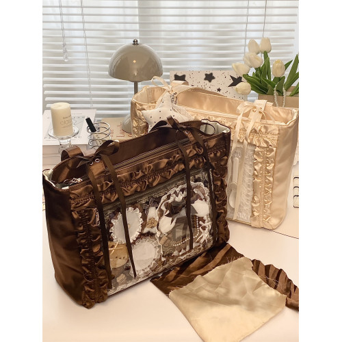 錢一波的痛包｜淺咖香草色花邊緞面大容量吧唧包大食量學生單肩包