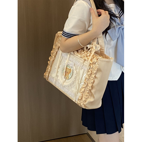 錢一波的痛包｜淺咖香草色花邊緞面大容量吧唧包大食量學生單肩包