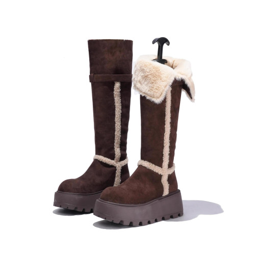 厚底增高不過膝長筒灰色雪地靴子女2025冬季新款加絨加厚高筒棉鞋