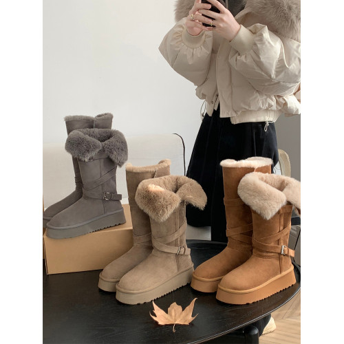 厚底加絨加厚保暖高筒長筒靴灰色雪地靴女2026新款冬季東北大棉鞋