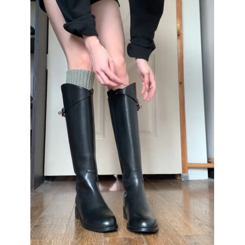 羊皮版~真皮長筒靴斜口鎖釦帶粗跟高筒騎士靴女英倫秋冬加絨長靴 羊皮版~真皮長筒靴斜口鎖釦帶粗跟高筒騎士靴女英倫秋冬加絨長靴