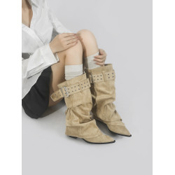 林向晚 遊牧少女~西部牛仔靴女不過膝長靴金屬風皮帶釦褶皺堆堆靴