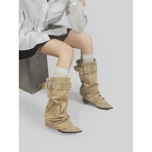 林向晚 遊牧少女~西部牛仔靴女不過膝長靴金屬風皮帶釦褶皺堆堆靴