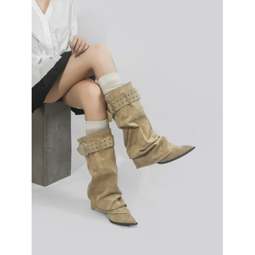 林向晚 遊牧少女~西部牛仔靴女不過膝長靴金屬風皮帶釦褶皺堆堆靴