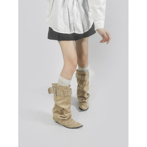 林向晚 遊牧少女~西部牛仔靴女不過膝長靴金屬風皮帶釦褶皺堆堆靴