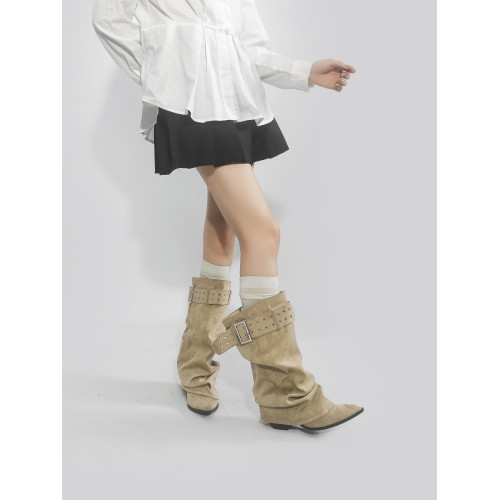 林向晚 遊牧少女~西部牛仔靴女不過膝長靴金屬風皮帶釦褶皺堆堆靴