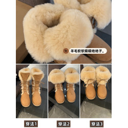 羊皮毛一體繙毛皮系帶雪地靴女冬季保暖毛絨中筒靴舒適防滑棉靴