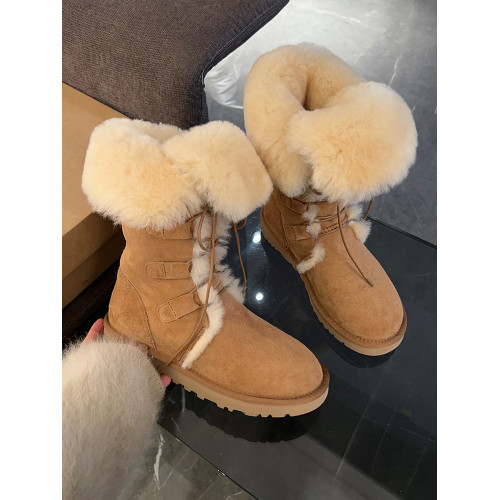 羊皮毛一體繙毛皮系帶雪地靴女冬季保暖毛絨中筒靴舒適防滑棉靴