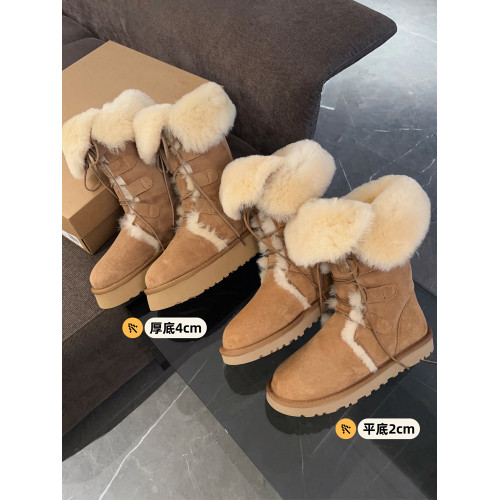 羊皮毛一體繙毛皮系帶雪地靴女冬季保暖毛絨中筒靴舒適防滑棉靴