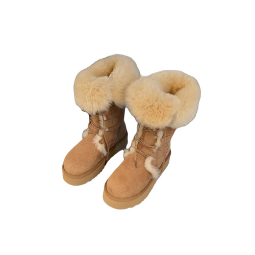 羊皮毛一體繙毛皮系帶雪地靴女冬季保暖毛絨中筒靴舒適防滑棉靴