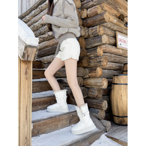 白色厚底防水棉靴2025冬季新款真皮加絨保暖雪地靴中筒短靴防滑