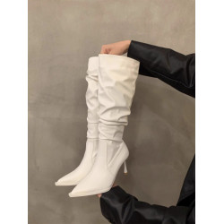 高跟尖頭堆堆長筒靴女鞋2023年新款秋冬季高筒瘦瘦細跟復古長靴子