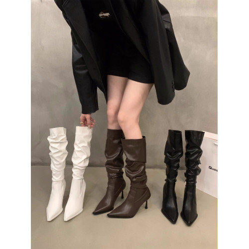 高跟尖頭堆堆長筒靴女鞋2023年新款秋冬季高筒瘦瘦細跟復古長靴子 高跟尖頭堆堆長筒靴女鞋2023年新款秋冬季高筒瘦瘦細跟復古長靴子