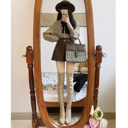 羊皮版~韓版包腿彈力過膝長靴女小個子尖頭高跟靴絨面法式瘦瘦靴
