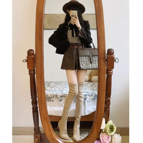 羊皮版~韓版包腿彈力過膝長靴女小個子尖頭高跟靴絨面法式瘦瘦靴