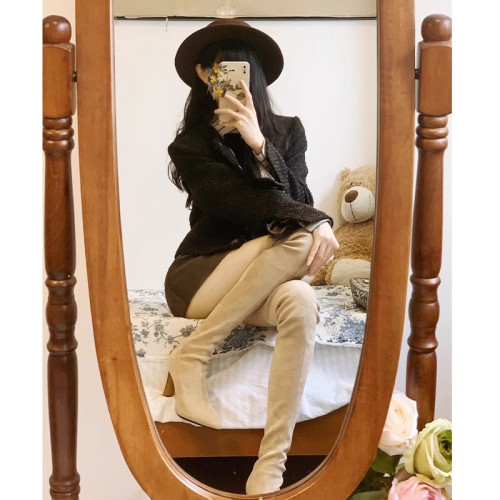 羊皮版~韓版包腿彈力過膝長靴女小個子尖頭高跟靴絨面法式瘦瘦靴