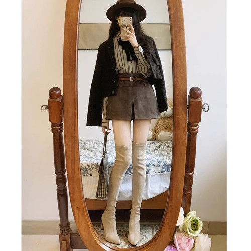 羊皮版~韓版包腿彈力過膝長靴女小個子尖頭高跟靴絨面法式瘦瘦靴