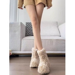 2025秋冬新款米色保暖圓頭毛毛靴女百搭時尚內增高雪地靴厚底短靴