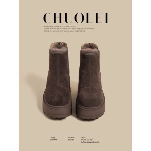 厚底松糕棉鞋女2026秋冬季新款加絨棕色毛毛小個子增高雪地短靴潮